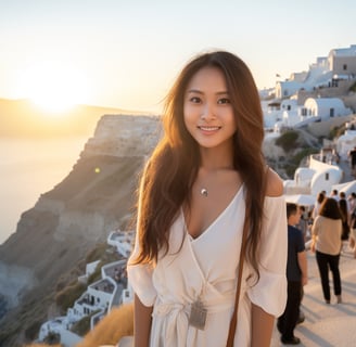 Asian lady tourist posing against the Santorini island backdrop