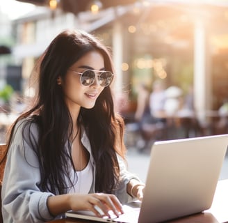 Asian lady tourist browsing on her laptop