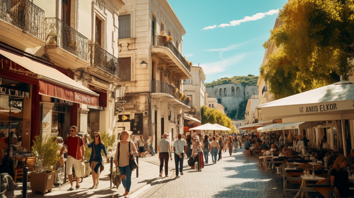 Busy street in Athens on a sunny day