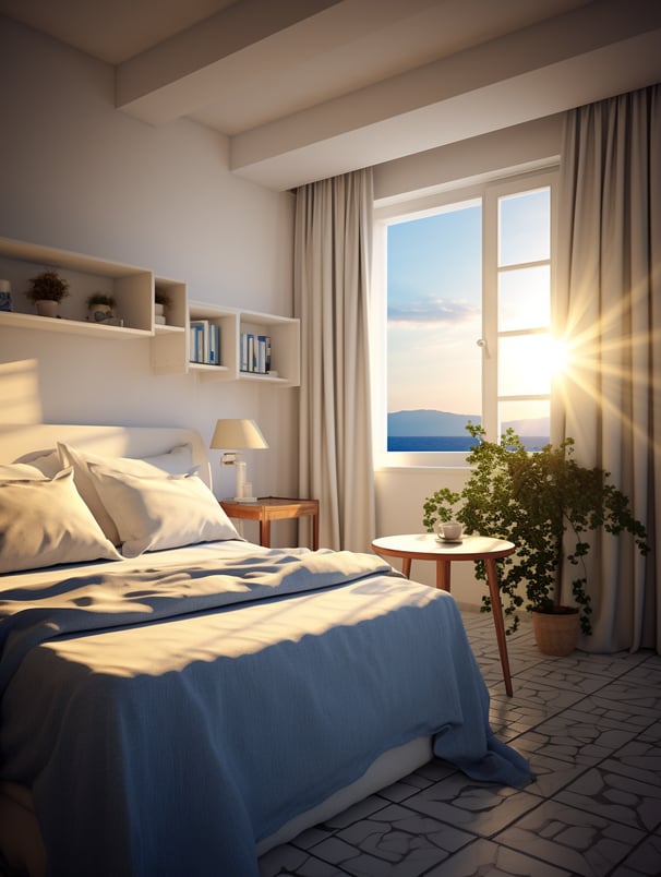 Hotel room in Greece overlooking the oceanside