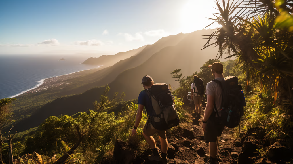 Advanced hikers following a trail up a Dominica mountain in the afternoon Advanced hikers following a trail up a Dominica mountain in the afternoon
