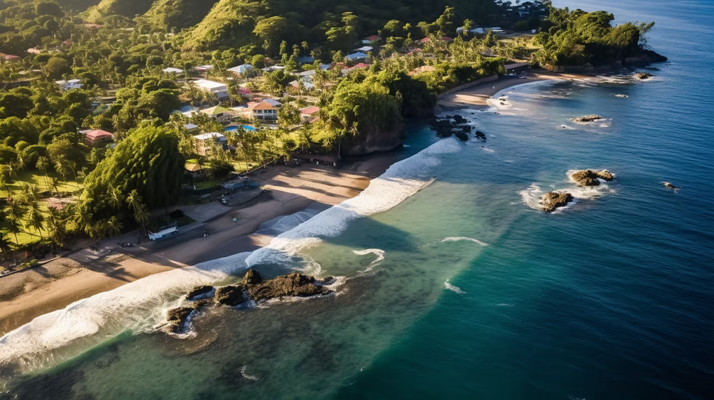 Aerial photo of Dominica's shores with tourists on the beach Aerial photo of Dominica's shores with tourists on the beach