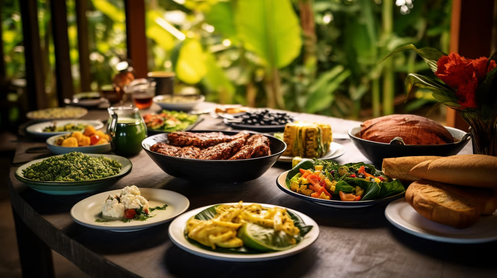 Traditional Dominica cuisine spread served on a table. Traditional Dominica cuisine spread served on a table.