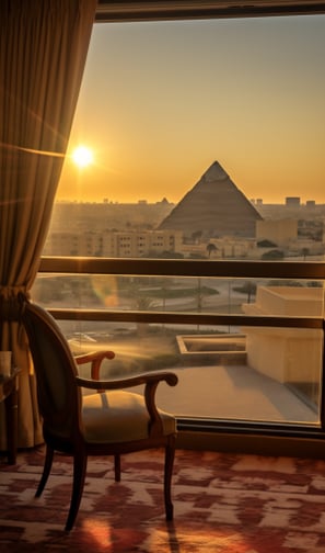 hotel room in Cairo, Egypt, with a view of the Pyramids of Giza