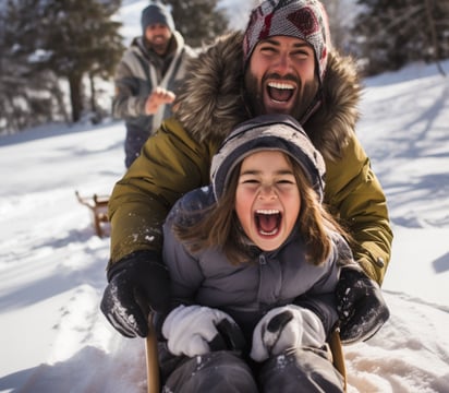 A smiling family wearing hats and carrying backpacks, enjoying a cheerful moment together outdoors. A smiling family wearing hats and carrying backpacks, enjoying a cheerful moment together outdoors.
