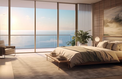 A bedroom with a large window showcasing a breathtaking ocean view. A bedroom with a large window showcasing a breathtaking ocean view.
