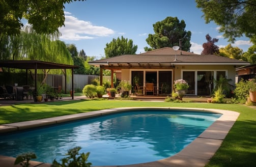 A backyard with a pool and a house in the background. A backyard with a pool and a house in the background.