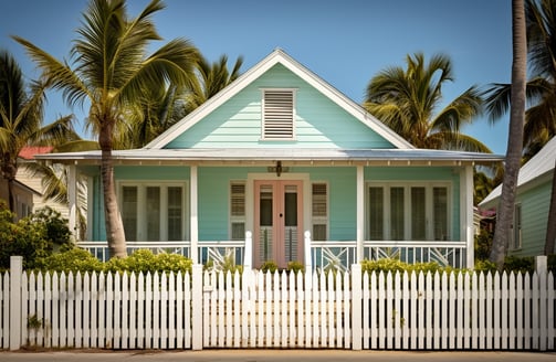 A quaint blue house surrounded by a white picket fence, embodying charm and simplicity in a serene setting. A quaint blue house surrounded by a white picket fence, embodying charm and simplicity in a serene setting.