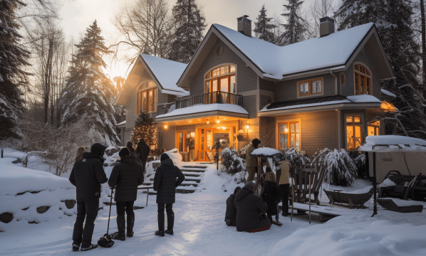A group of people standing outside a house in the snow, wearing winter coats and hats, with snow-covered trees in the background. A group of people standing outside a house in the snow, wearing winter coats and hats, with snow-covered trees in the background.