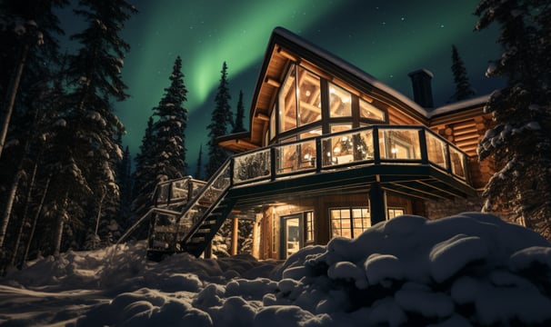A log cabin with a green aurora light shining on it in the night sky. A log cabin with a green aurora light shining on it in the night sky.