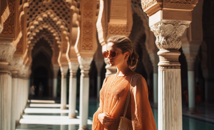 a woman in a long-sleeved dress and sunglasses