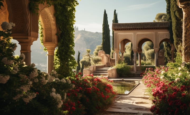 a garden with a fountain