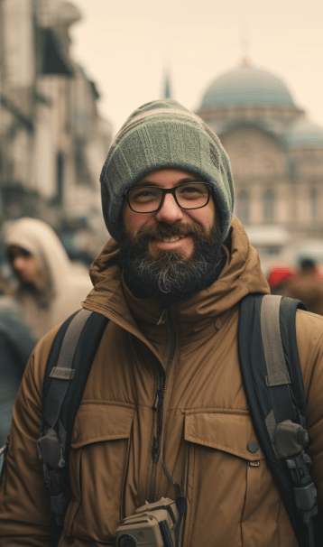 A man with a beard and a hat on a city street A man with a beard and a hat on a city street