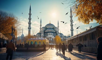 a group of people walking around a city street