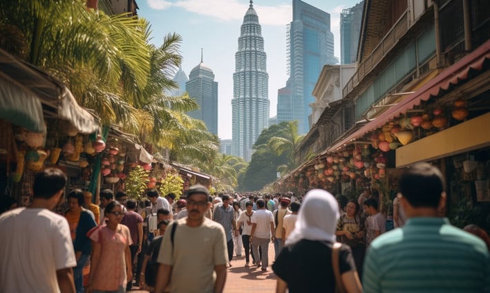 A busy street with people walking around a city