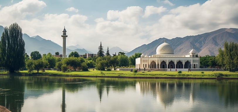 a mosque by a lake