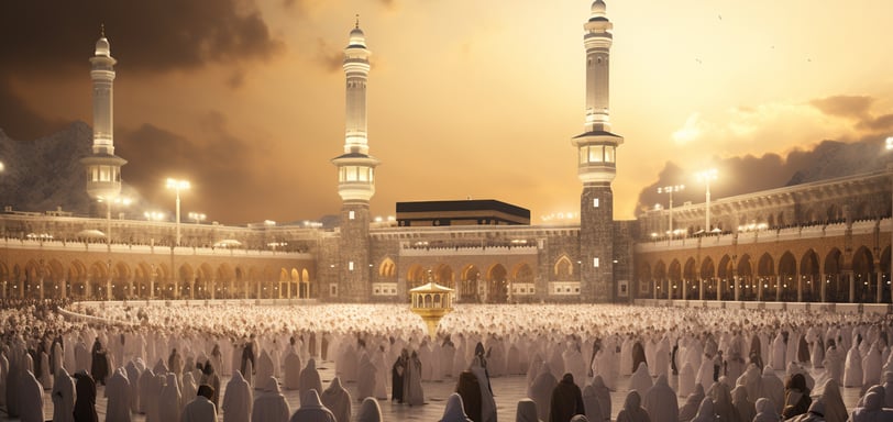 a group of people in white robes standing in front of a mosque