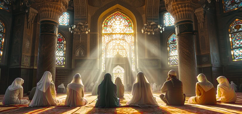 a group of people praying in a temple