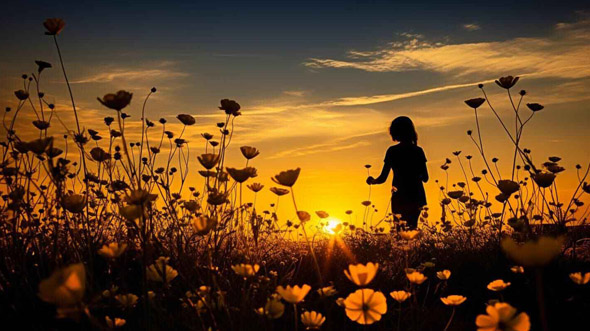 A person strolling through a field of colorful flowers during a beautiful sunset.