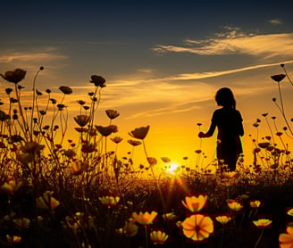 a young girl having fun in a garden at dusk