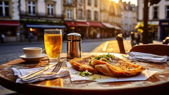 A table with bread and a glass of beer.