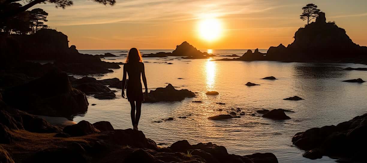 A person standing on rocks at sunset, gazing at the colorful sky and calm waters below A person standing on rocks at sunset, gazing at the colorful sky and calm waters below