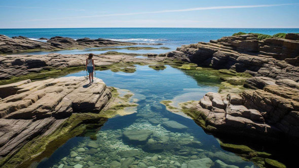A lone figure standing on a rock in the vast ocean, with water stretching out to the horizon.