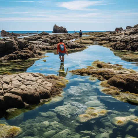 Individuals leisurely walking on rocky beach, under clear blue sky