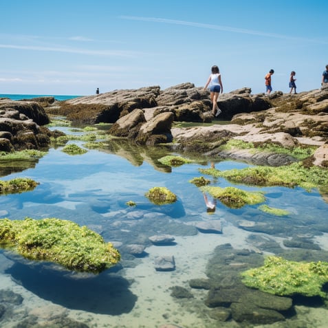 A group of individuals walking on rocky shore by the sea