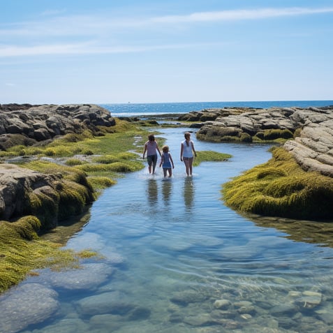 Three people strolling through a water stream on a rocky shore, surrounded by peaceful scenery