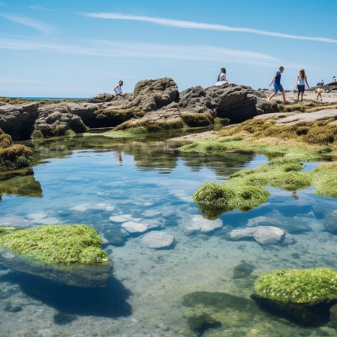 People walking on rocks near water, enjoying a scenic view of Brittany's beach