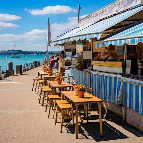 A food truck parked on the pier, serving delicious meals to visitors