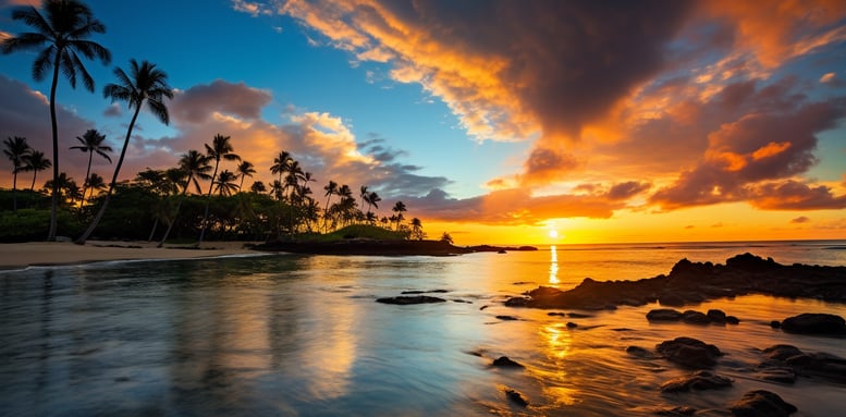 a sunset over a beach with palm trees