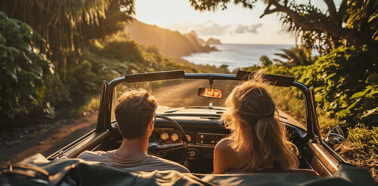 a couple driving in a convertible car at Road to Hana