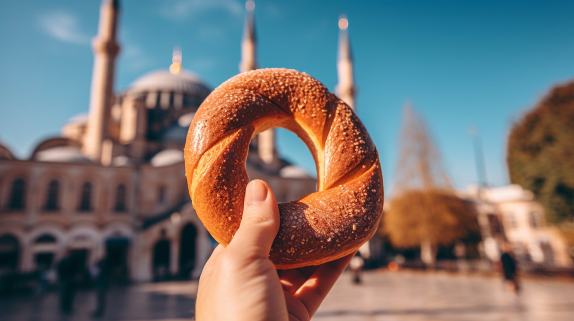 a hand holding a simit in front of the blue mosque a hand holding a simit in front of the blue mosque