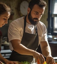 a mixed-race chef preparing Turkish fusion cuisine a mixed-race chef preparing Turkish fusion cuisine