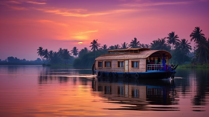 A houseboat tour navigating the Kerala backwaters during sunset.