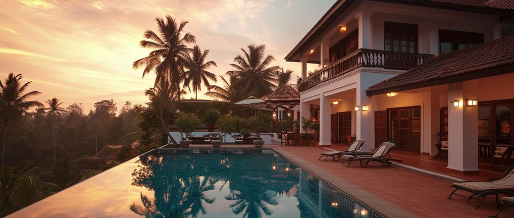 a worm's eye view of a luxury villa in the heart of Kerala in India at sunset..