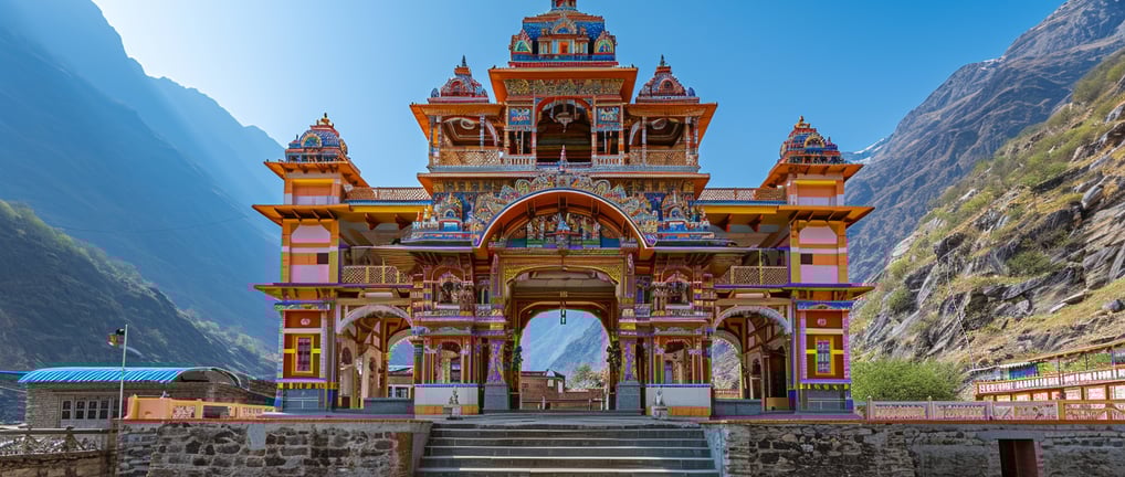 An ancient temple in India against a mountain background.