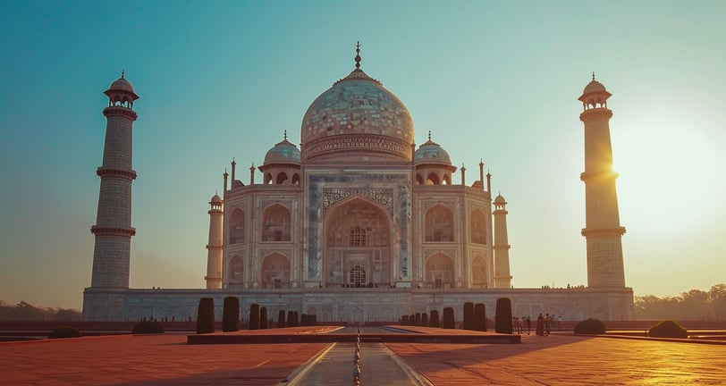 An establishing shot of the Taj Mahal in India during high noon.