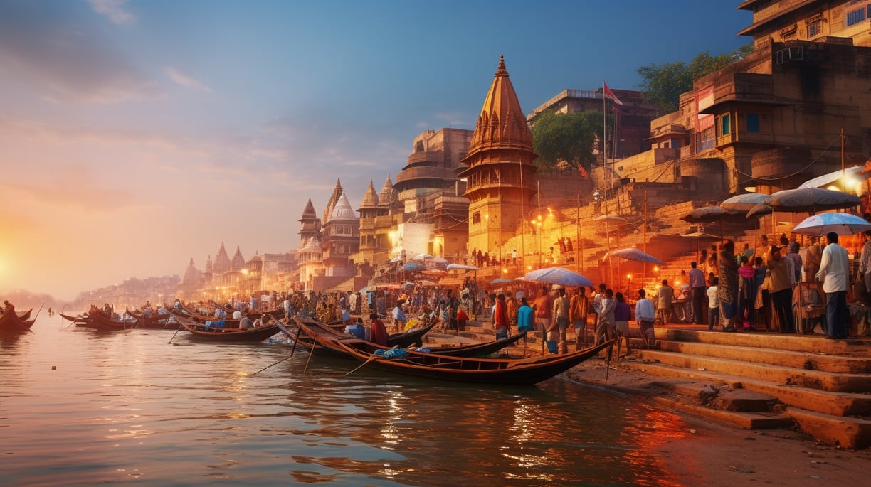 Dashashwamedh Ghat in Varanasi, India at sunset.