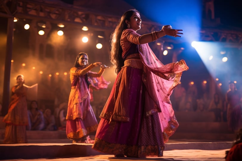 Ghoomar performers on stage in Rajasthan, India.