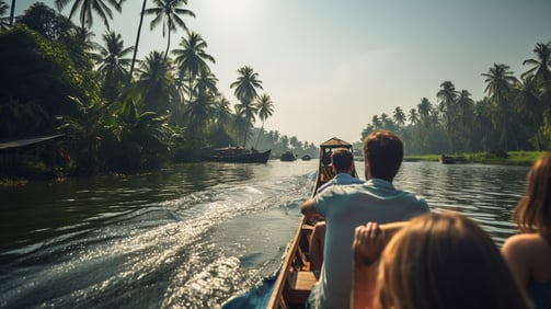 Tourists boating in the backwaters of Kerala in India.