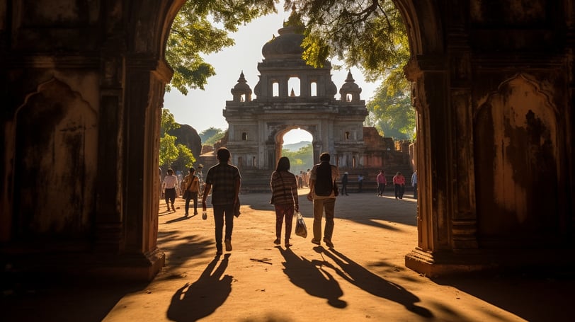 Tourists standing by the gateway of a temple in Varanasi, India at high noon.