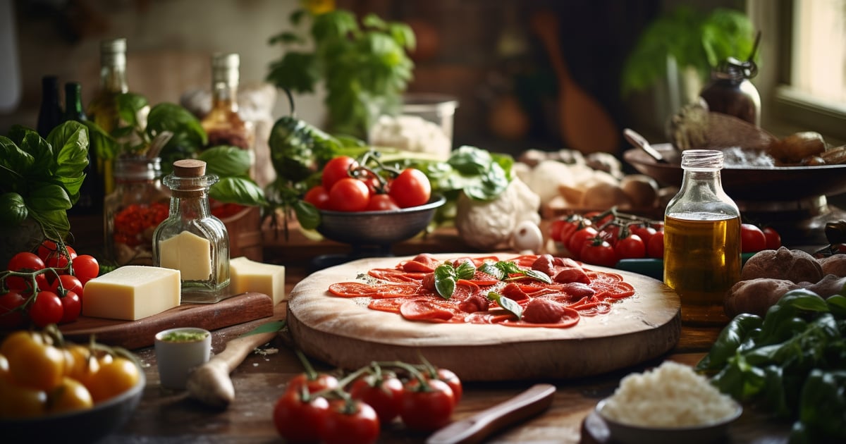 a pizza with tomatoes and cheese on a table