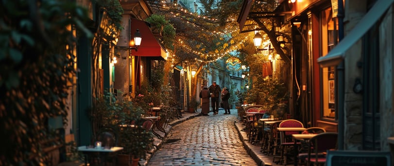 a cobblestone street lined with Parisian cafes
