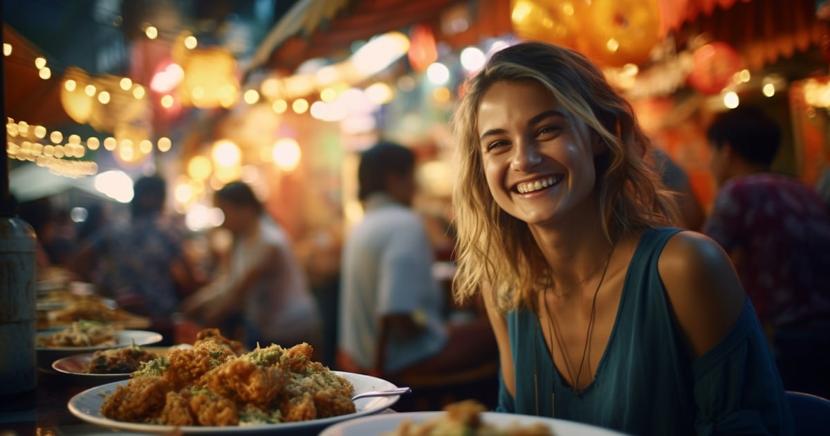 a woman smiling in front of a plate of food