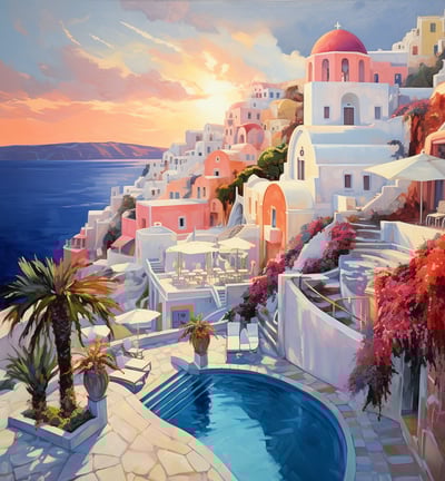 A serene painting depicting a Greek village bathed in the warm hues of a sunset, showcasing traditional architecture and vibrant skies