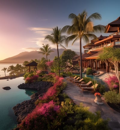 A serene resort featuring a pool surrounded by palm trees, illuminated by the warm hues of a sunset