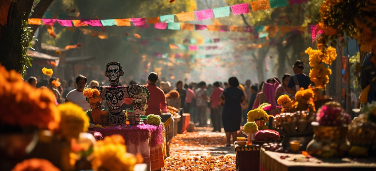 a vibrant street celebration of day of the dead in Mexico